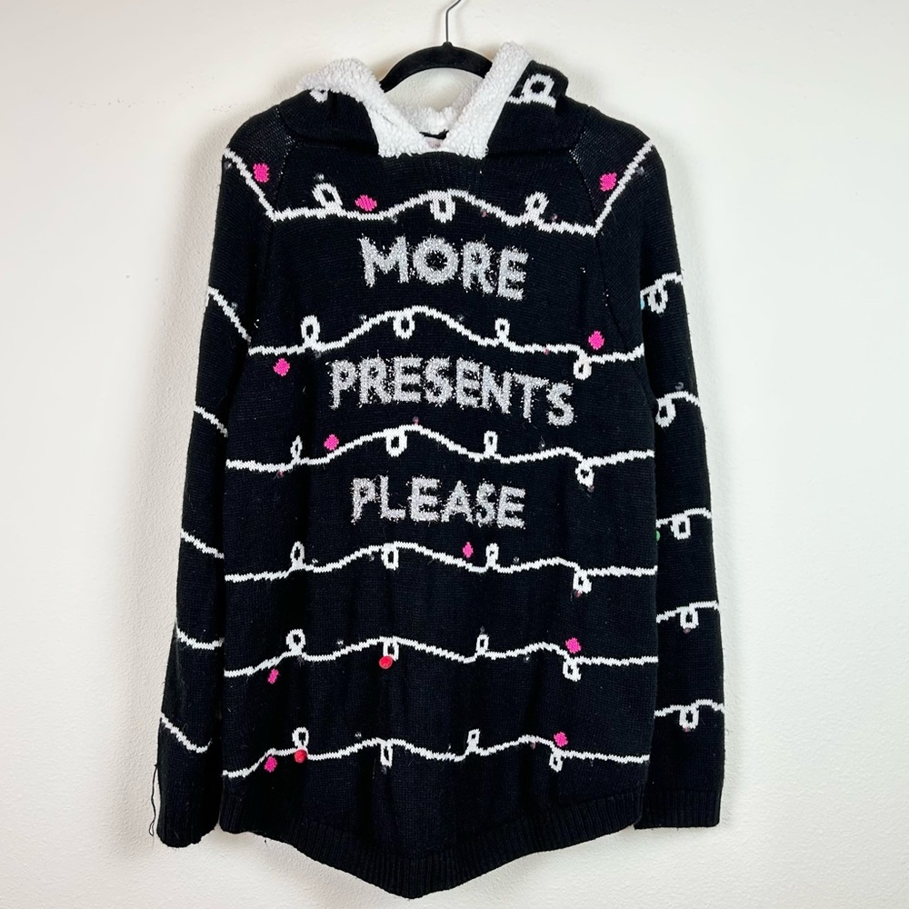 Christmas Sweater Hoodie Knit Sherpa Silver Lettering Pom Poms